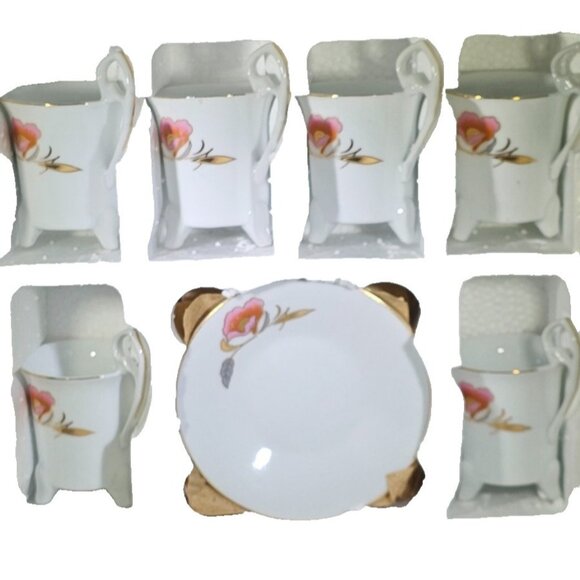 Porcelain Demitasse, Espresso Cups & Saucers, Pink Floral with Gold Trim, Footed - Picture 2 of 5